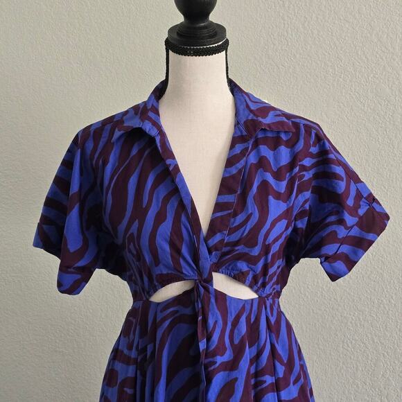 Anthropologie Twist Waist Midi Shirt Dress XS Blue Purple Zebra Print Cut-Out - Picture 4 of 12